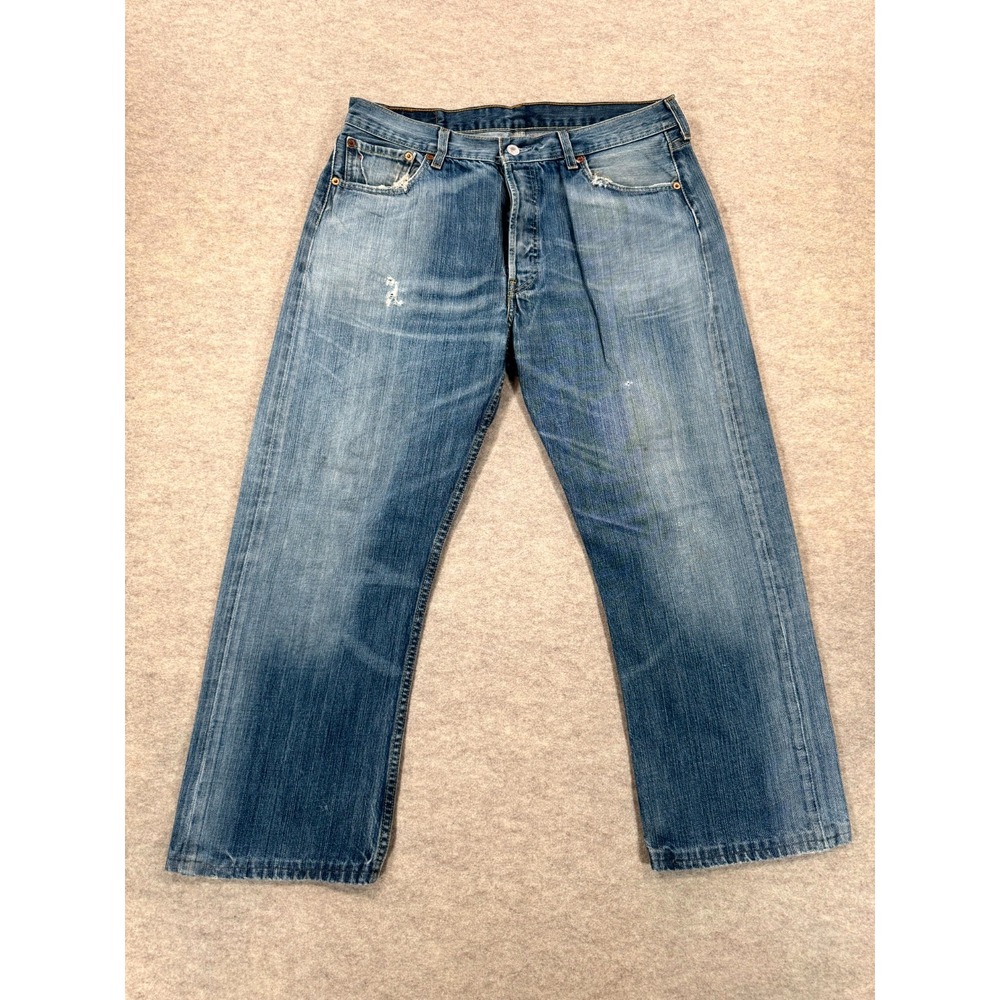 Levis 501 Straight Jeans Men 36x34 Blue Whisker Denim Cotton Mid Rise Distressed
